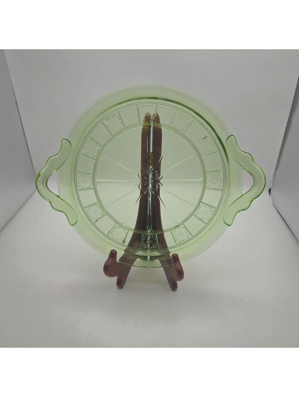 Vintage Green Uranium Glass Double Handle Serving Tray 1930's Jeanette Doric